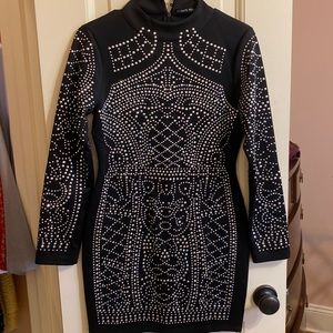 Black high neck tight rhinestone party dress worn once